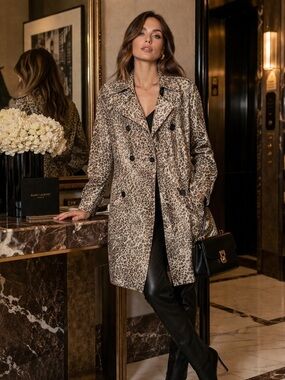 Banana Republic Mad Men Leopard Print Trench Coat Tan M Classic Old Hollywood